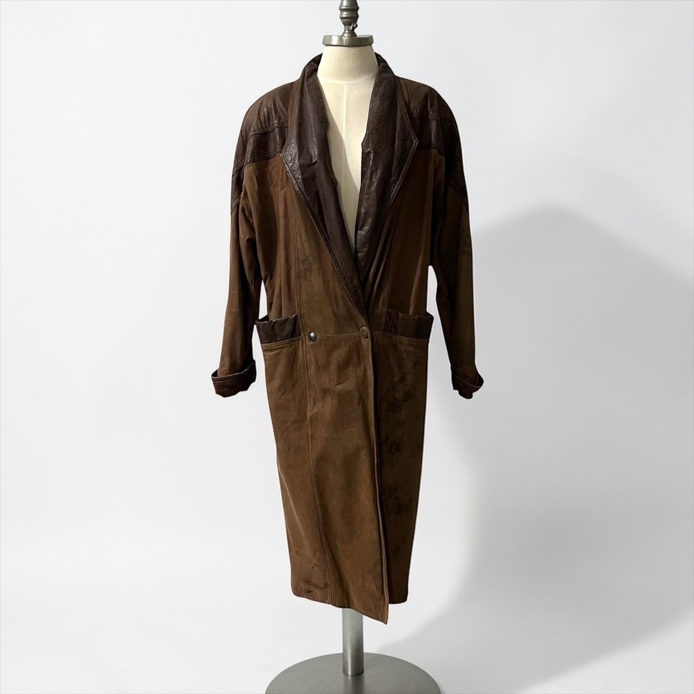 Vintage Distressed Brown Leather Duster Coat‎ Oversized 90s Grunge M
